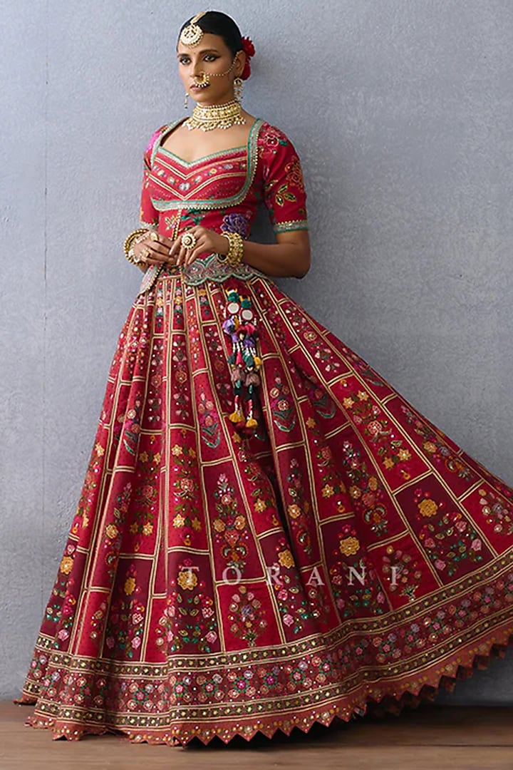 Red Organza & Jeni Silk Printed Bridal Lehenga Set by TORANI at Pernia's Pop Up Shop