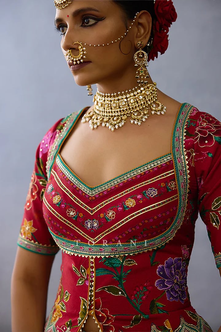 Red Organza & Jeni Silk Printed Bridal Lehenga Set by TORANI at Pernia's Pop Up Shop