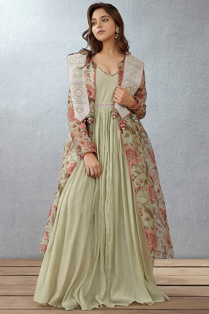 Sage Green Embroidered & Printed Jacket Dress by TORANI