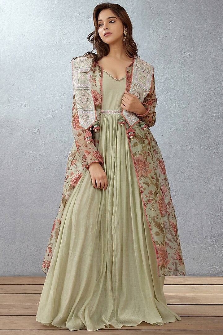 Sage Green Chanderi Embroidered & Printed Jacket Dress by TORANI at Pernia's Pop Up Shop