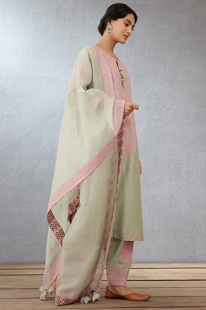 Old Rose & Sage Green Hand Embroidered Kurta Set by TORANI at Pernia's Pop Up Shop