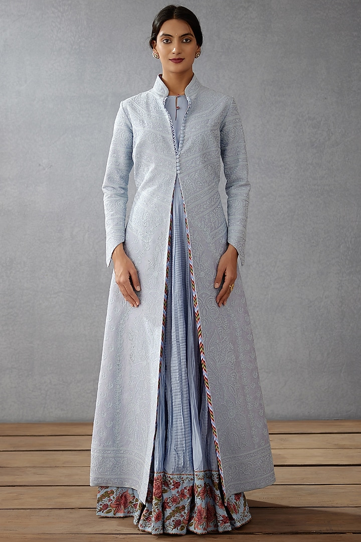Sea Blue Chanderi Printed & Embroidered Jacket Party Wear Dress
 by TORANI at Pernia's Pop Up Shop