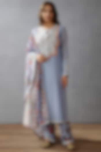 Sea Blue Machine & Hand Embroidered Phiran Kurta Set by TORANI at Pernia's Pop Up Shop