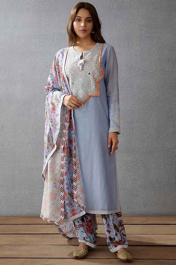 Sea Blue Machine & Hand Embroidered Phiran Kurta Set by TORANI at Pernia's Pop Up Shop