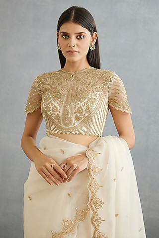 Ivory Raw Silk & Cotton Silk Embroidered Blouse by TORANI