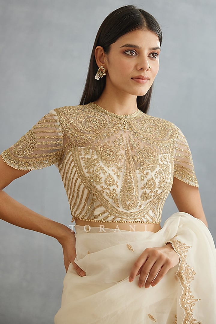 Ivory Raw Silk & Cotton Silk Embroidered Blouse by TORANI at Pernia's Pop Up Shop