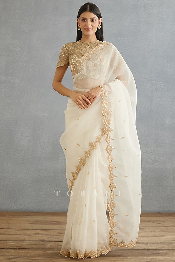 Ivory Silk Organza Embroidered Wedding Saree by TORANI at Pernia's Pop Up Shop