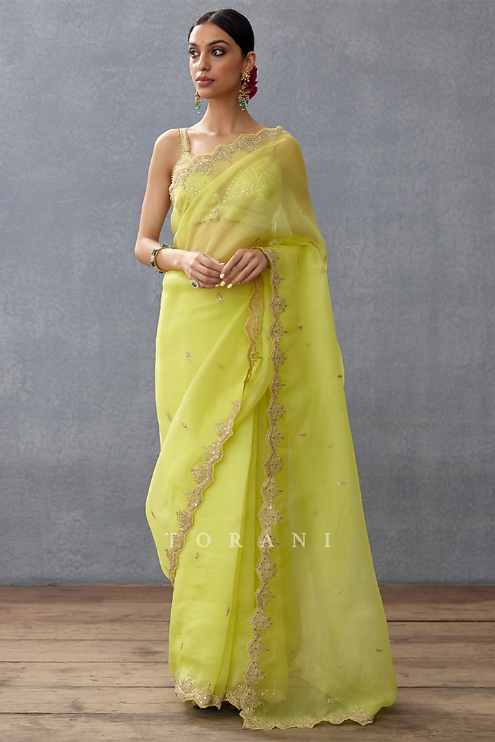 Yellow Silk Organza Embroidered Wedding Saree by TORANI at Pernia's Pop Up Shop