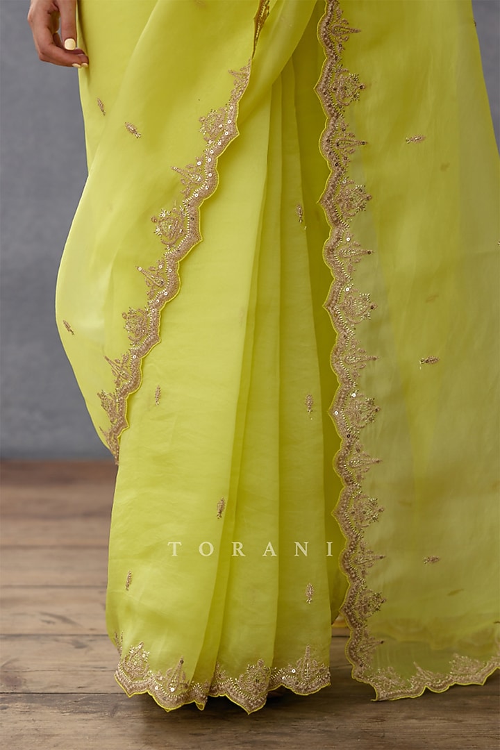 Yellow Silk Organza Embroidered Wedding Saree by TORANI at Pernia's Pop Up Shop