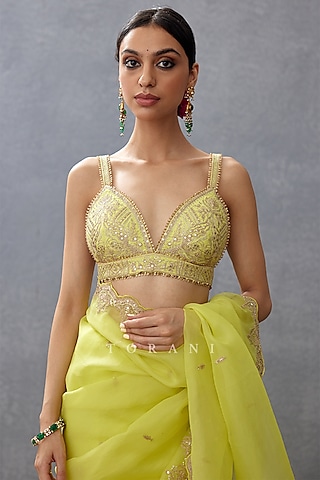 Yellow Raw Silk & Cotton Silk Embroidered Blouse by TORANI