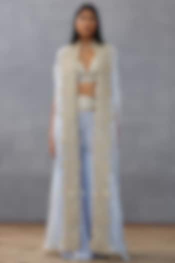 Blue Silk Organza Embroidered Cape Set by TORANI at Pernia's Pop Up Shop