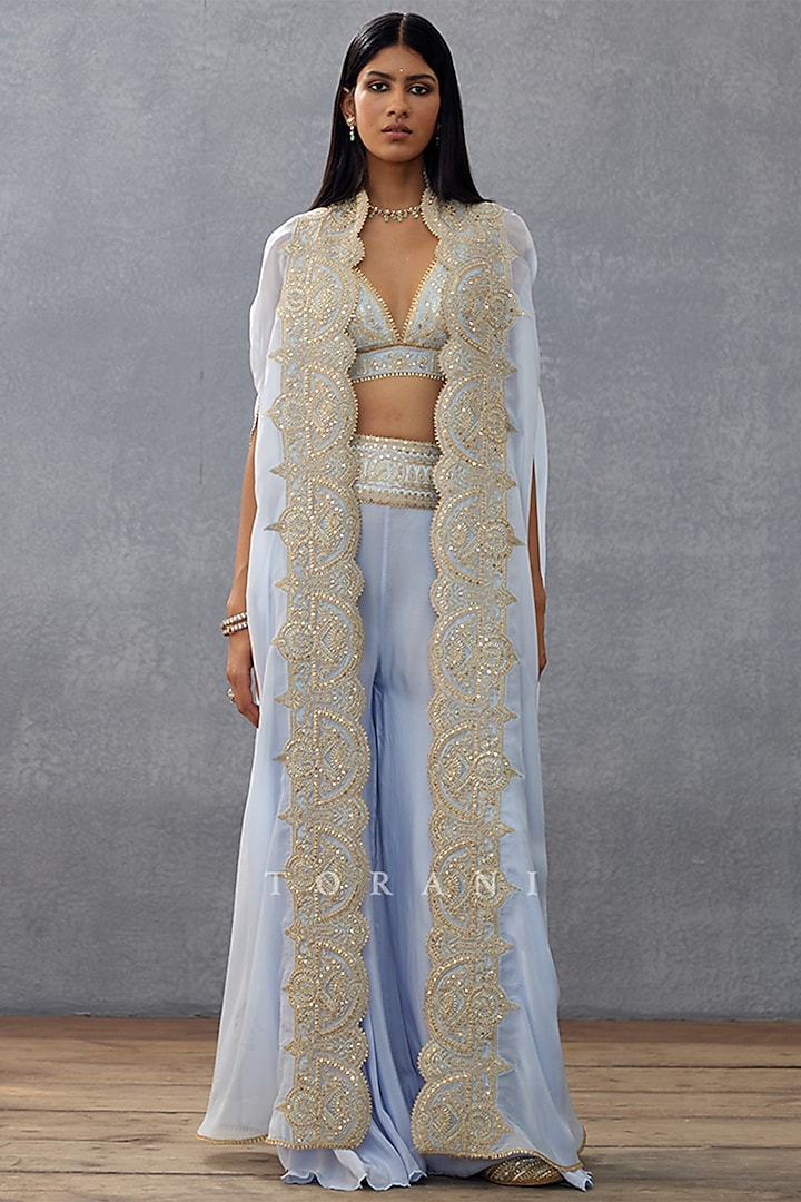 Blue Silk Organza Embroidered Cape Set by TORANI at Pernia's Pop Up Shop