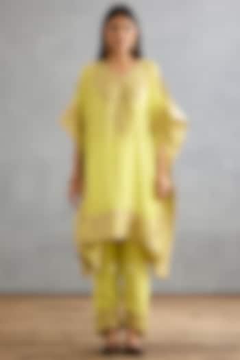 Yellow Silk Crepe Embroidered Kaftan Set by TORANI at Pernia's Pop Up Shop