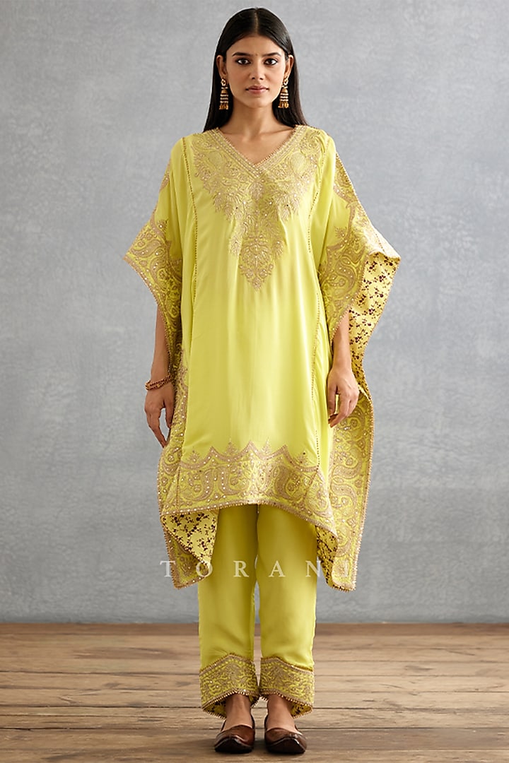 Yellow Silk Crepe Embroidered Kaftan Set by TORANI at Pernia's Pop Up Shop