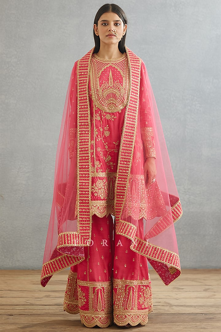 Pink Raw Silk Embroidered Bridal Sharara Set by TORANI at Pernia's Pop Up Shop