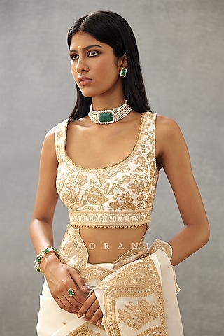 Ivory Butterfly Net & Cotton Silk Embroidered Blouse by TORANI