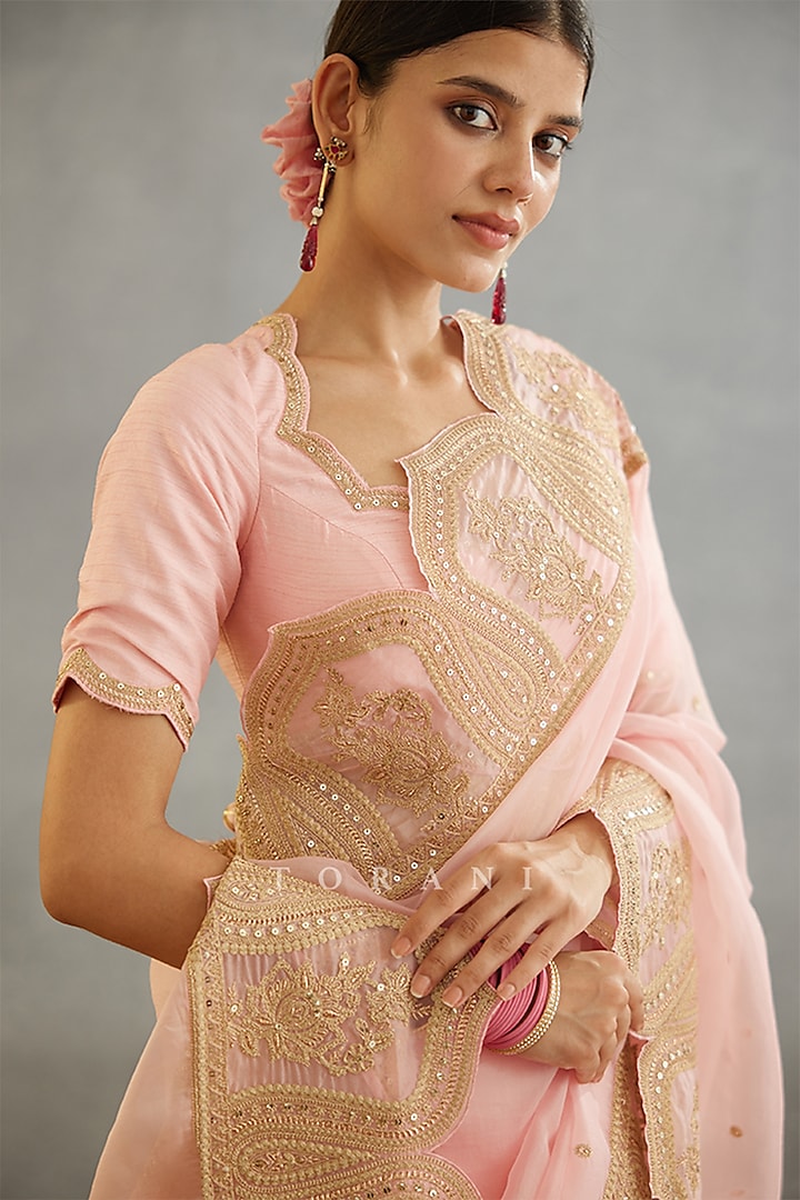 Pink Handwoven Chanderi & Cotton Silk Embroidered Blouse by TORANI at Pernia's Pop Up Shop