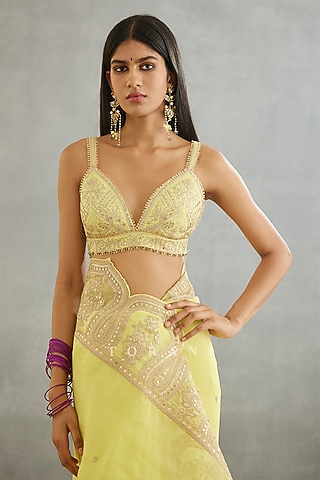 Yellow Raw Silk & Cotton Silk Embroidered Blouse by TORANI