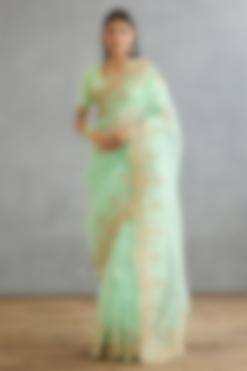 Green Silk Organza & Cotton Silk Embroidered Wedding Saree by TORANI at Pernia's Pop Up Shop
