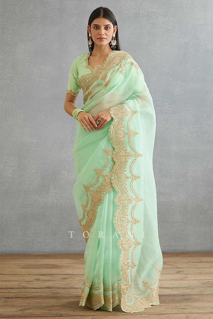 Green Silk Organza & Cotton Silk Embroidered Wedding Saree by TORANI at Pernia's Pop Up Shop
