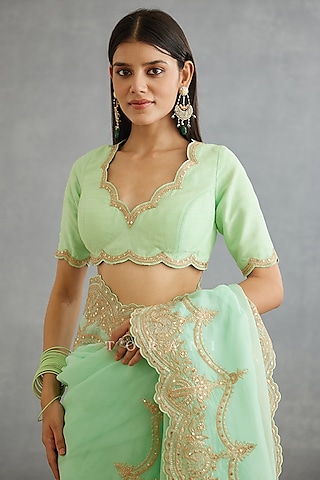 Green Raw Silk & Cotton Silk Embroidered Blouse by TORANI