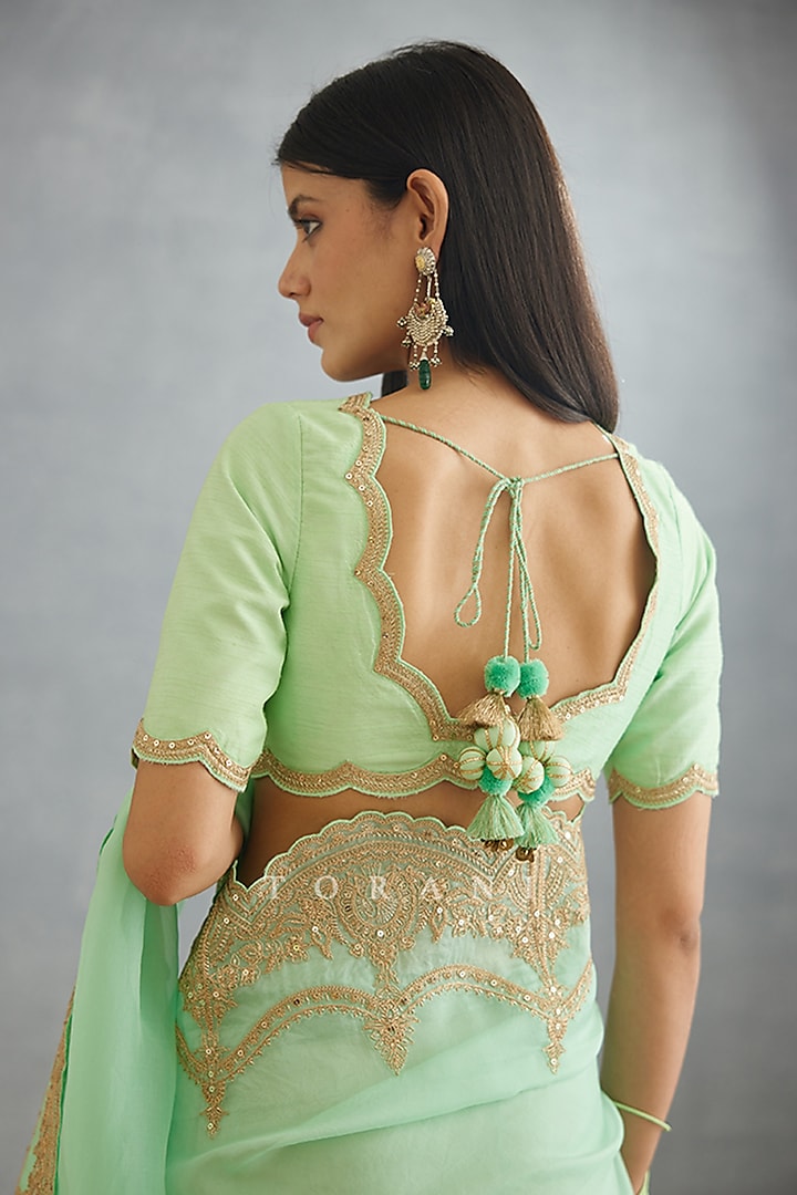 Green Raw Silk & Cotton Silk Embroidered Blouse by TORANI at Pernia's Pop Up Shop