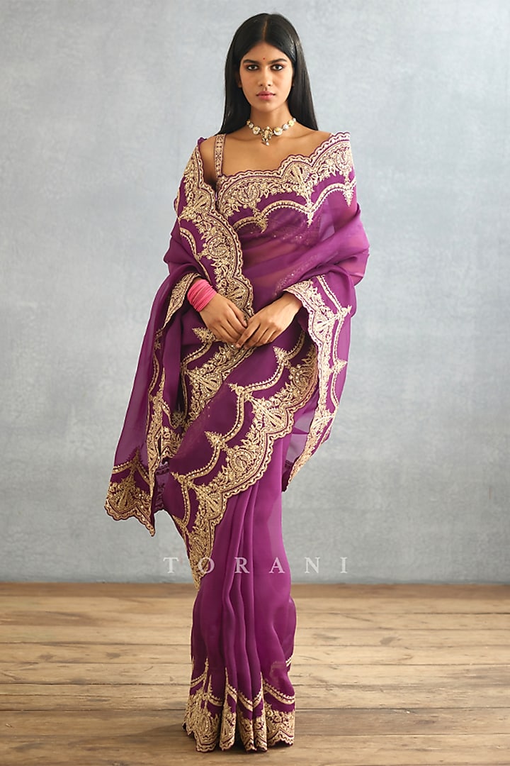 Violet Silk Organza & Cotton Silk Embroidered Saree by TORANI at Pernia's Pop Up Shop