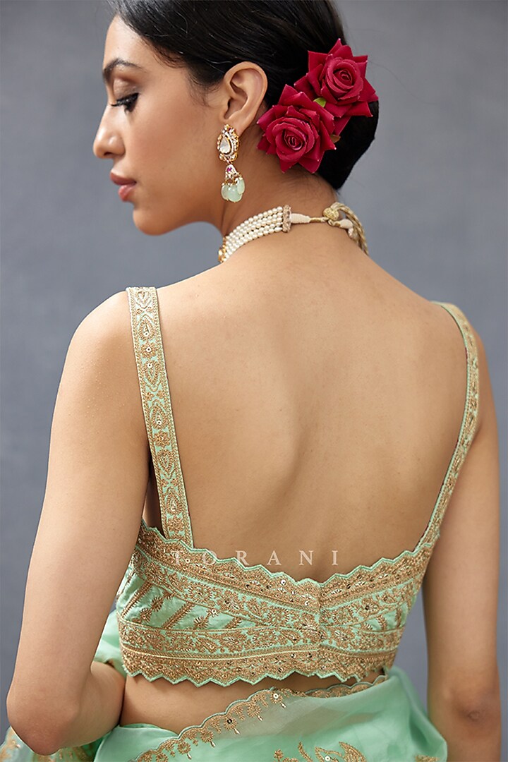 Green Raw Silk & Cotton Silk Embroidered Blouse by TORANI at Pernia's Pop Up Shop