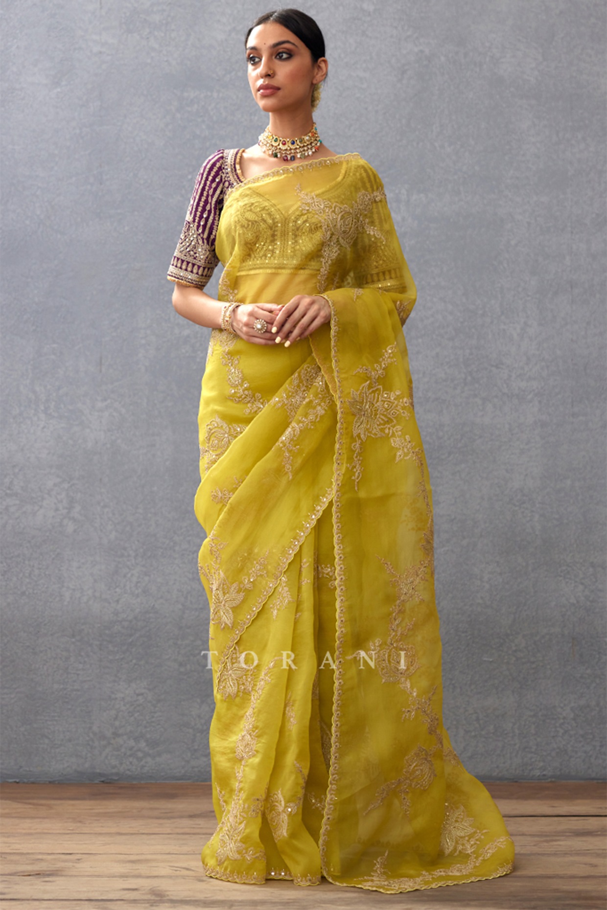 Bougainvillea Vines Mustard Pure Organza Silk Saree