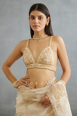 Ivory Raw Silk & Cotton Silk Embroidered Blouse by TORANI