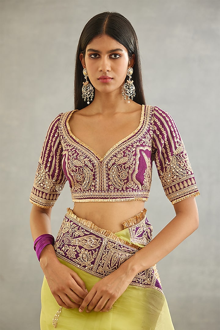 Violet Raw Silk & Cotton Silk Embroidered Blouse by TORANI