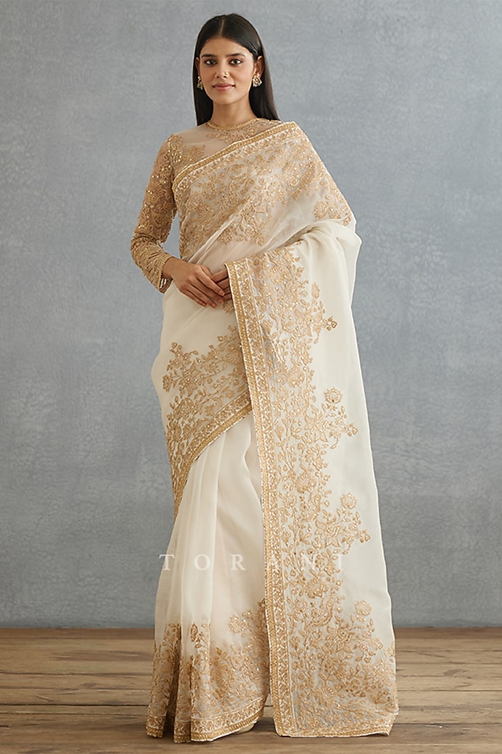 Ivory Silk Organza Embroidered Reception Saree by TORANI at Pernia's Pop Up Shop