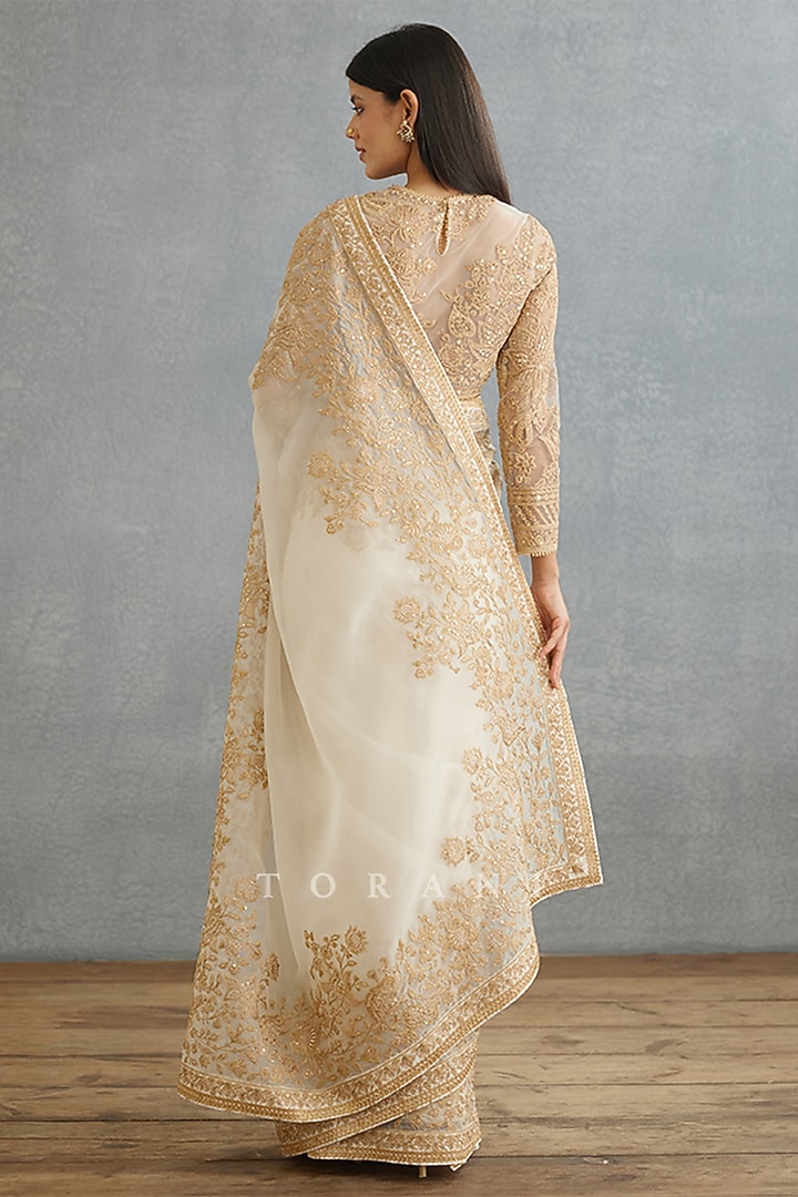 Ivory Silk Organza Embroidered Reception Saree by TORANI at Pernia's Pop Up Shop