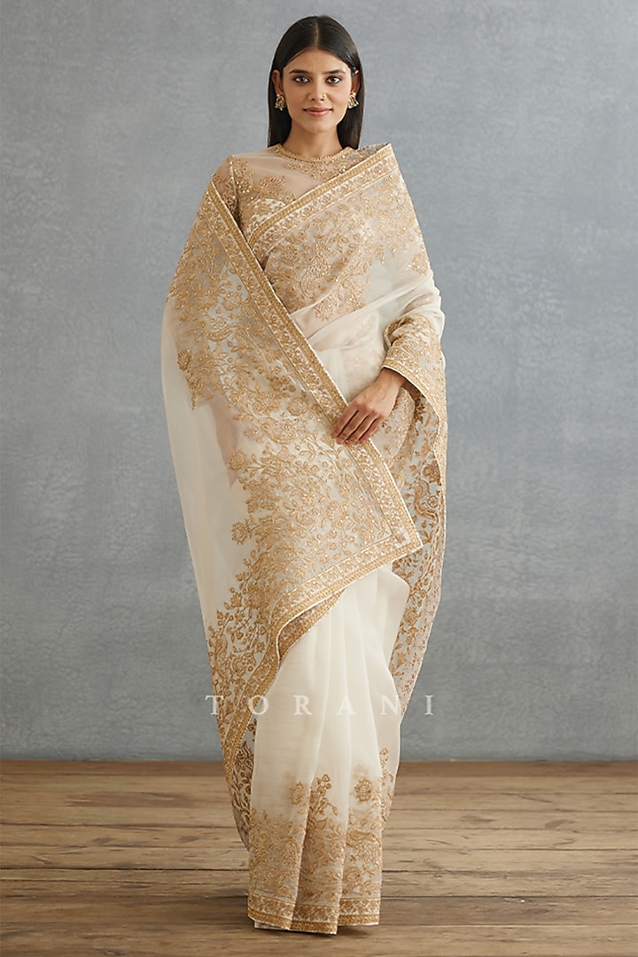 Ivory Silk Organza Embroidered Reception Saree by TORANI at Pernia's Pop Up Shop