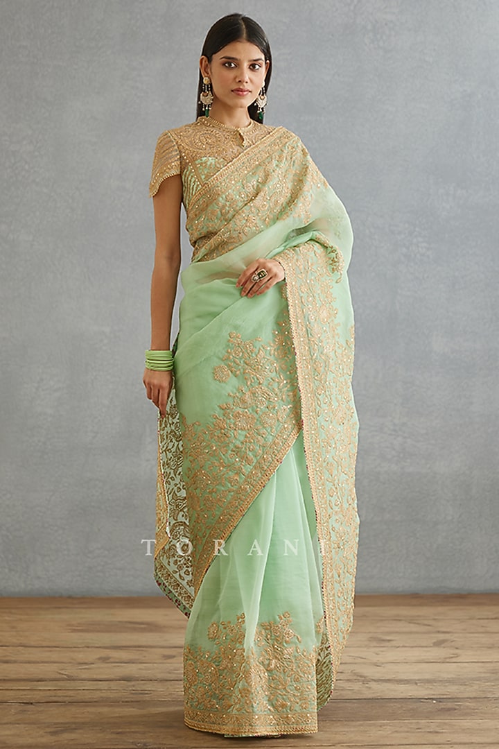 Green Silk Organza Embroidered Reception Saree by TORANI at Pernia's Pop Up Shop
