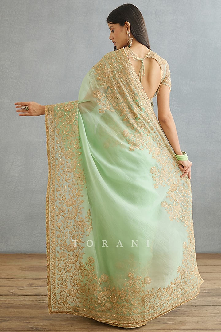 Green Silk Organza Embroidered Reception Saree by TORANI at Pernia's Pop Up Shop
