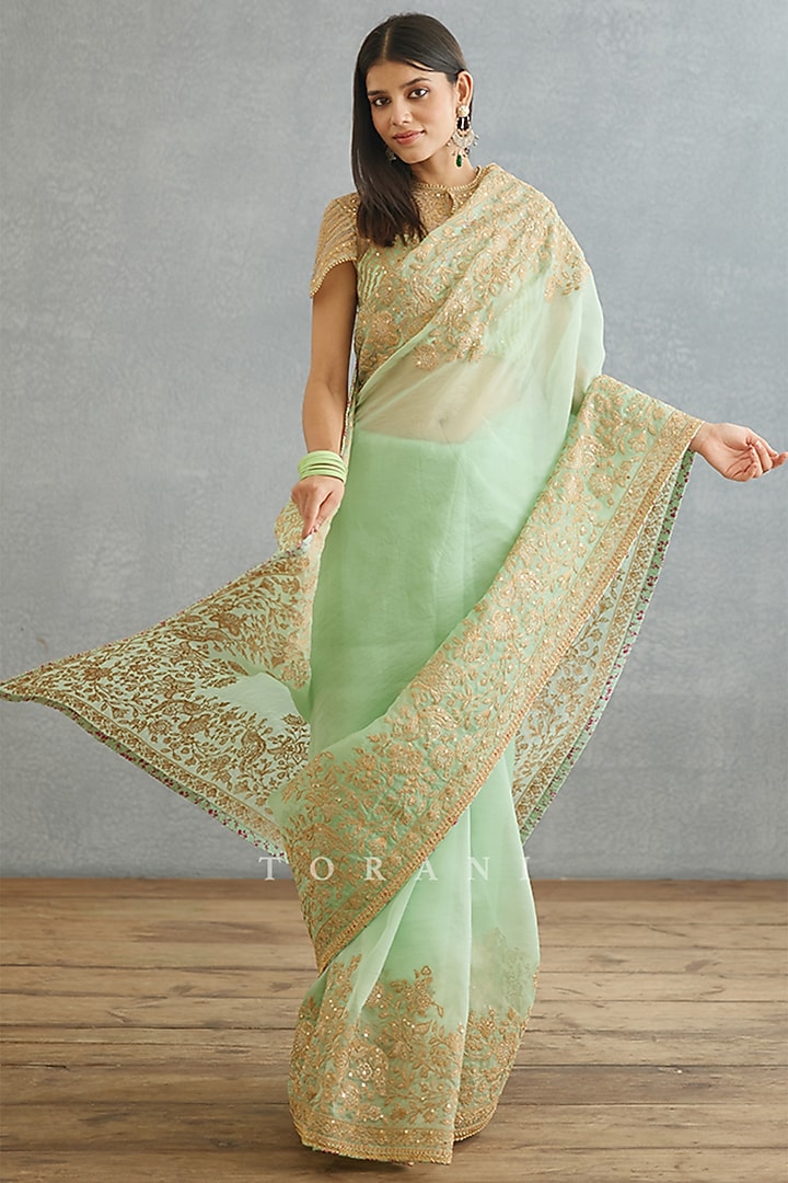Green Silk Organza Embroidered Reception Saree by TORANI at Pernia's Pop Up Shop