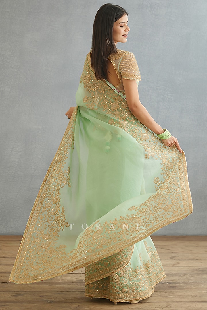 Green Silk Organza Embroidered Reception Saree by TORANI at Pernia's Pop Up Shop