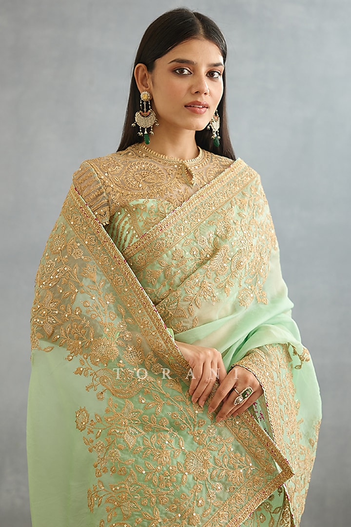 Green Silk Organza Embroidered Reception Saree by TORANI at Pernia's Pop Up Shop