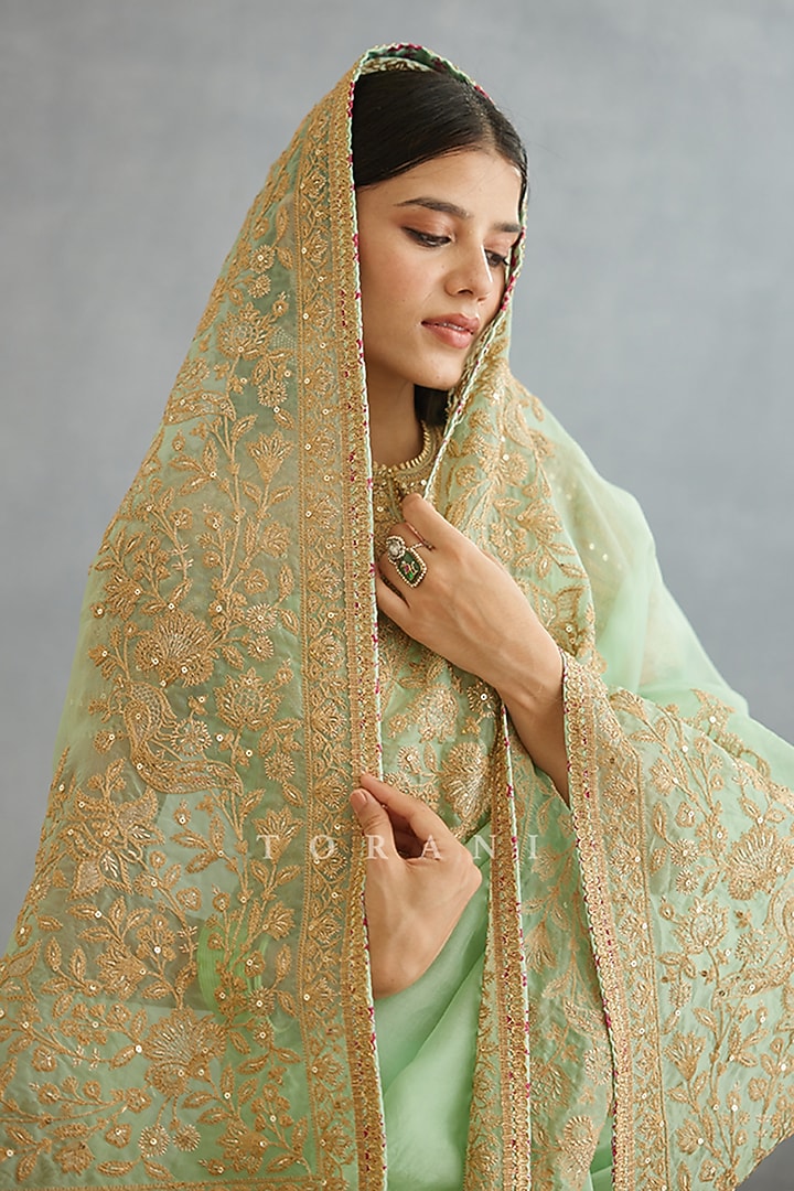 Green Silk Organza Embroidered Reception Saree by TORANI at Pernia's Pop Up Shop