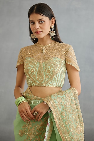 Green Raw Silk & Cotton Silk Blouse by TORANI