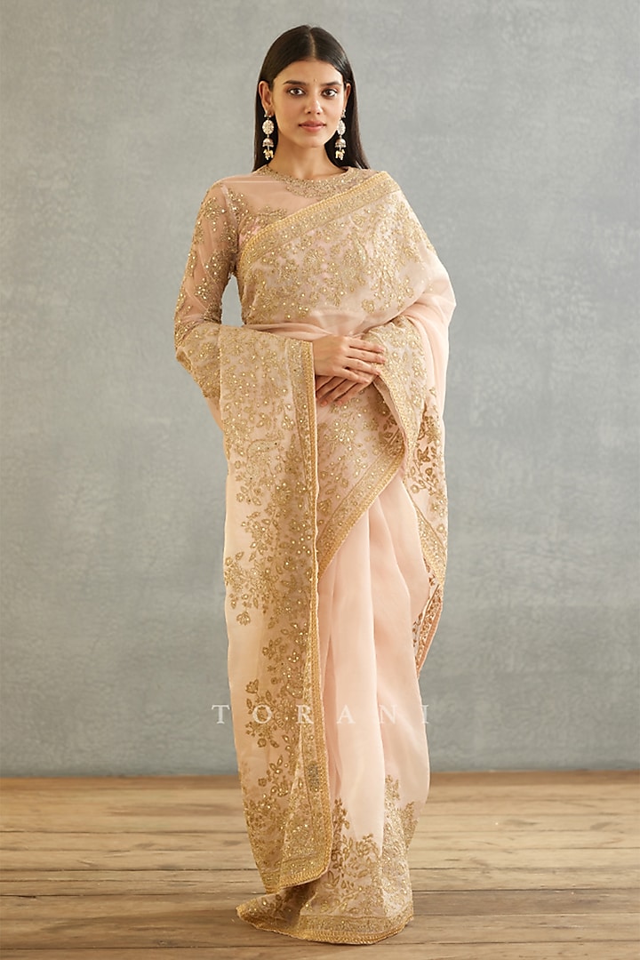 Pink Silk Organza Embroidered Reception Saree by TORANI at Pernia's Pop Up Shop