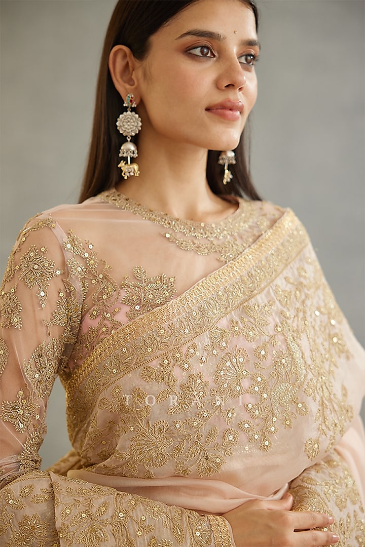 Pink Silk Organza Embroidered Reception Saree by TORANI at Pernia's Pop Up Shop