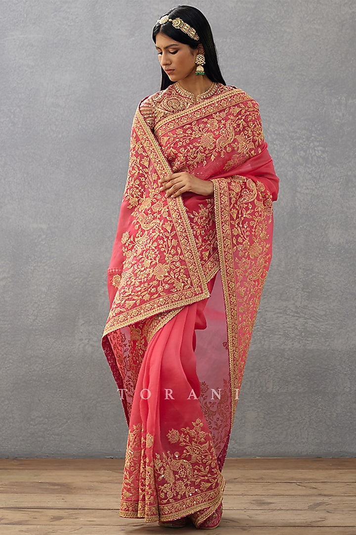 Pink Silk Organza Embroidered Reception Saree by TORANI at Pernia's Pop Up Shop