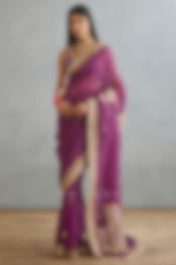 Violet Silk Organza & Cotton Silk Embroidered Saree by TORANI at Pernia's Pop Up Shop