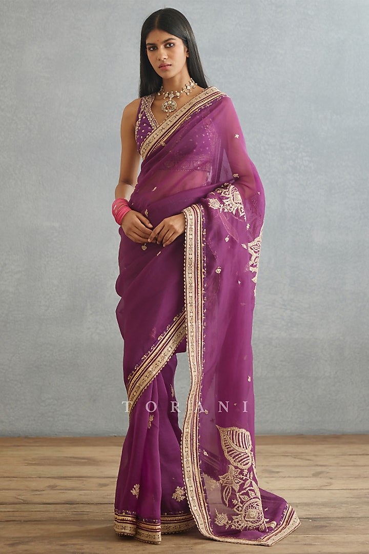 Violet Silk Organza & Cotton Silk Embroidered Saree by TORANI at Pernia's Pop Up Shop