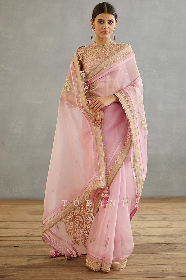 Pink Silk Organza & Cotton Silk Embroidered Reception Saree by TORANI at Pernia's Pop Up Shop