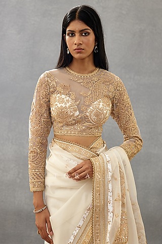 Ivory Butterfly Net & Cotton Silk Embroidered Blouse by TORANI