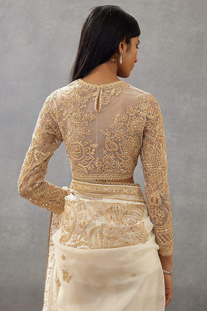 Ivory Butterfly Net & Cotton Silk Embroidered Blouse by TORANI at Pernia's Pop Up Shop