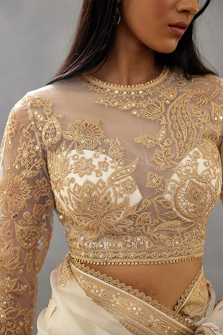 Ivory Butterfly Net & Cotton Silk Embroidered Blouse by TORANI at Pernia's Pop Up Shop